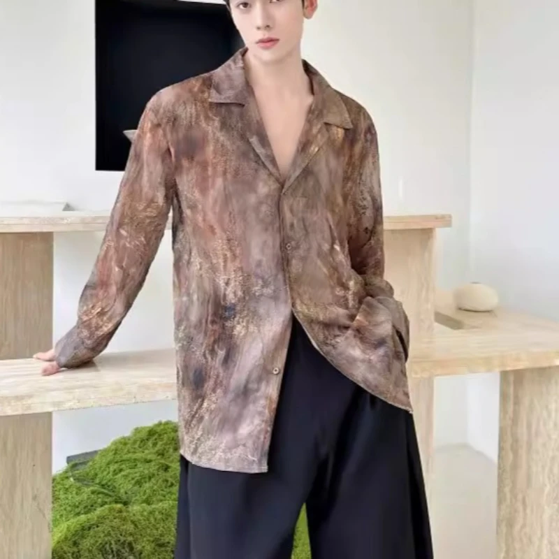 

Весенне-летняя винтажная рубашка с вышивкой и эффектом тай-дай, с длинным рукавом, унисекс, с отложным воротником, повседневная уличная одежда, свободная рубашка, мужская одежда