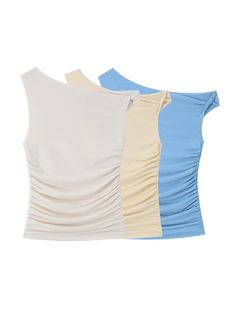 2026 Summer Women Camisole Top Asymmetry Design Vacation Sexy Sleeveless Slim Fit Top New Solid Folds Simple Casual Tee Top