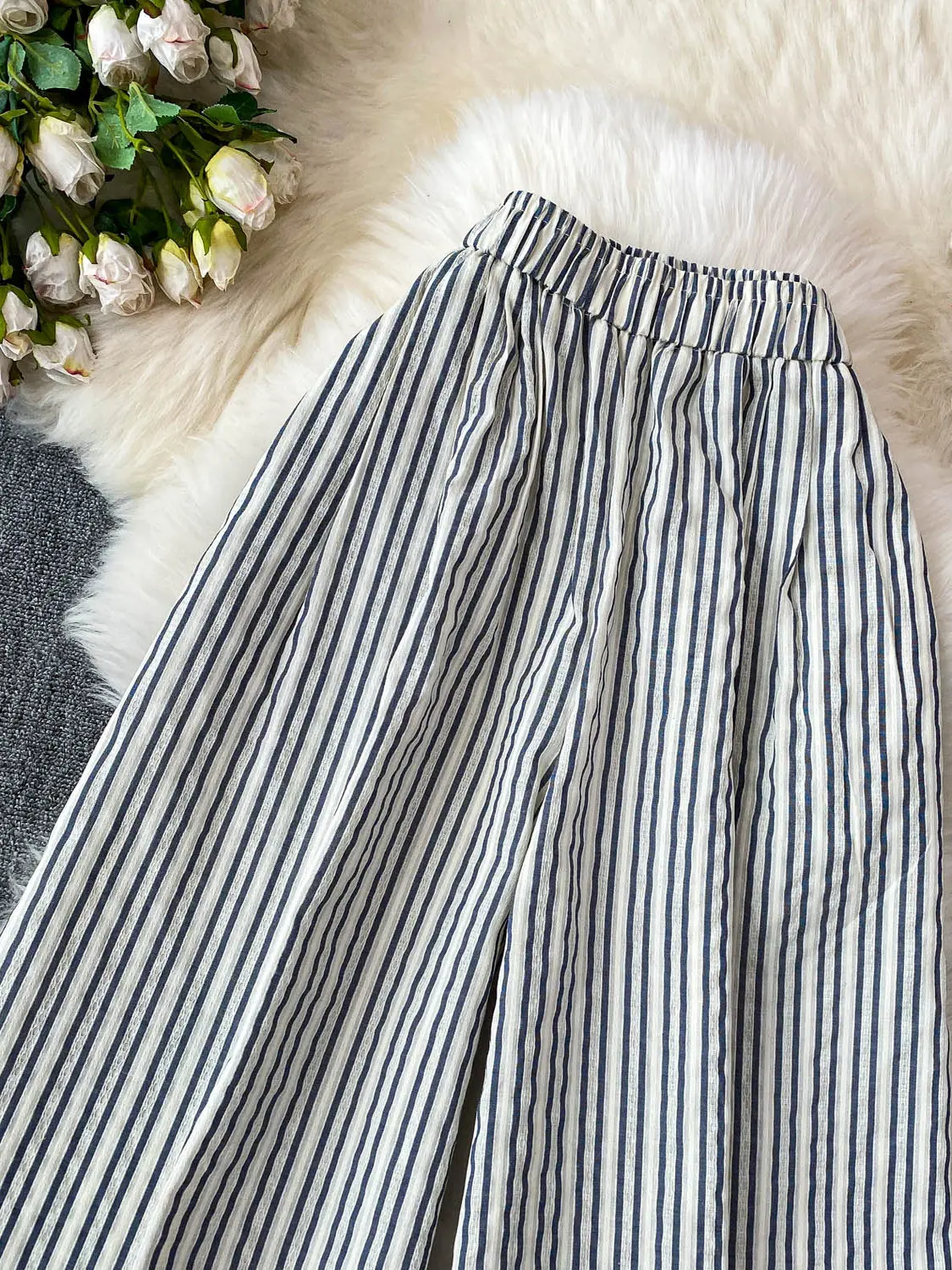 High Waist Striped Wide Leg Pants Women's Casual Loose Fit Korean Sle Straight Cut Nine Point Pants Summer 2025