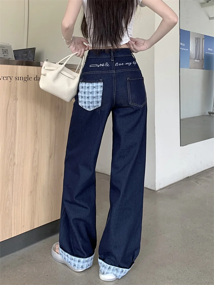 

Botvotee Лоскутные американские винтажные джинсы женские с высокой талией и широкими штанинами свободные прямые джинсовые брюки женские модные уличные джинсы