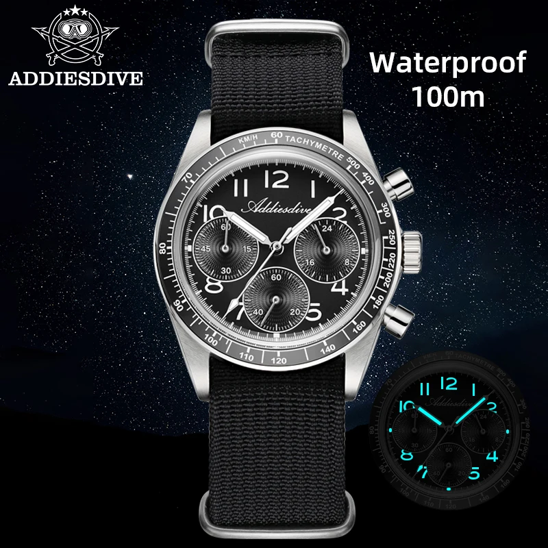 ADDIESDIVE 38mm VK64 Quartz Watch for Men Multifunctional 60min Chronograph Watches Bubble Mirror Glass Waterproof Reloj Hombre