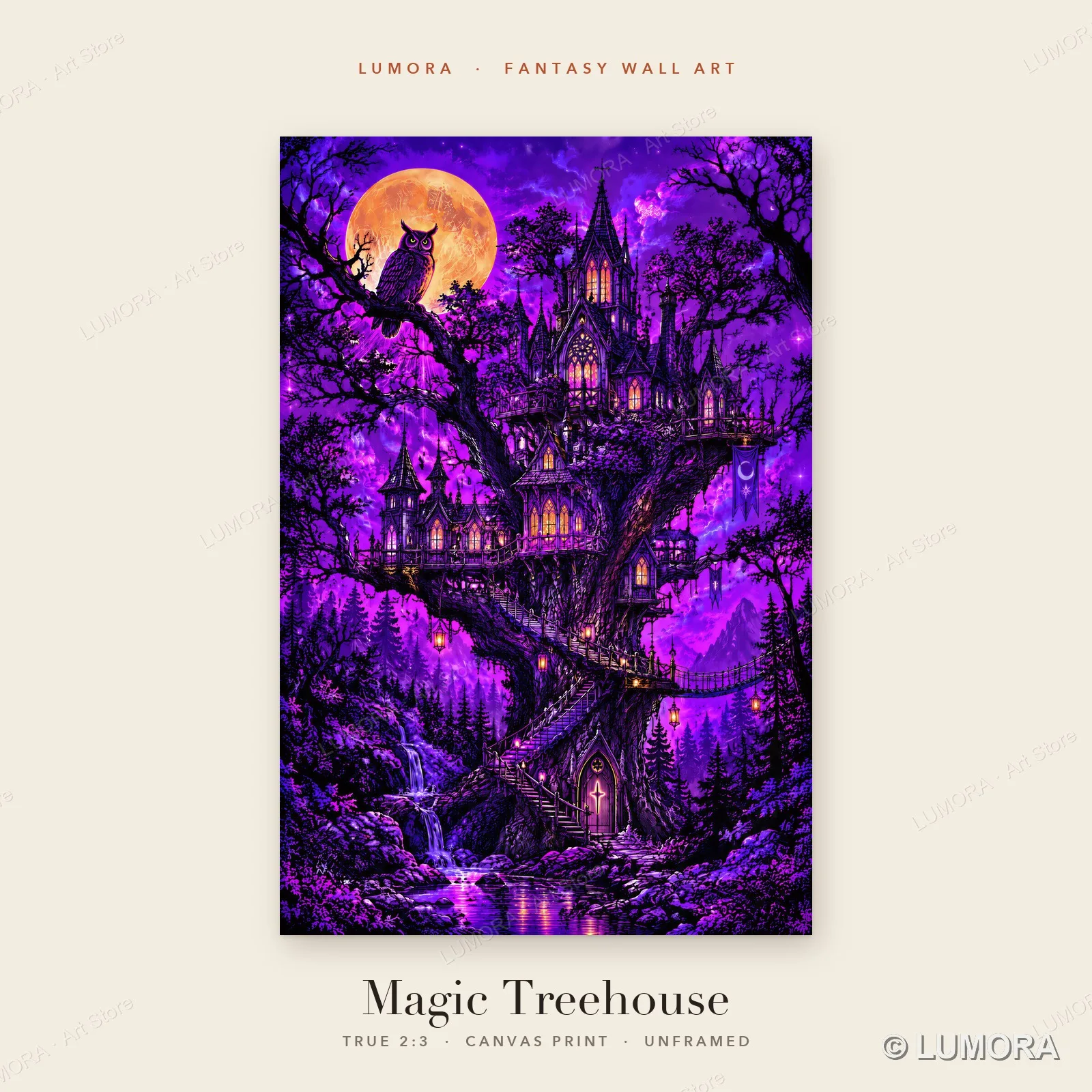 Fantasy Magic Treehouse Canvas Poster Enchanted Forest Castle Purple Owl Moon Wall Art Kids Teen Room Gaming Decor 1 PC Unframed