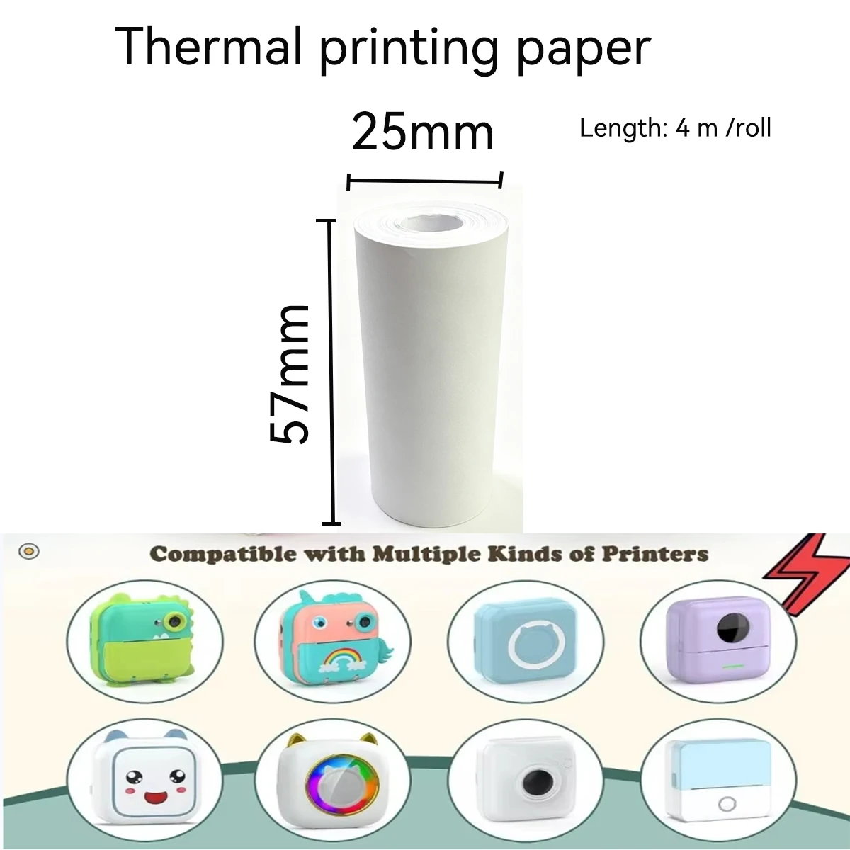 57x25mm Thermal Printer Paper No Sticker, Kids Camera Refill Clear Printing Smooth Feed Mini Printer Roll