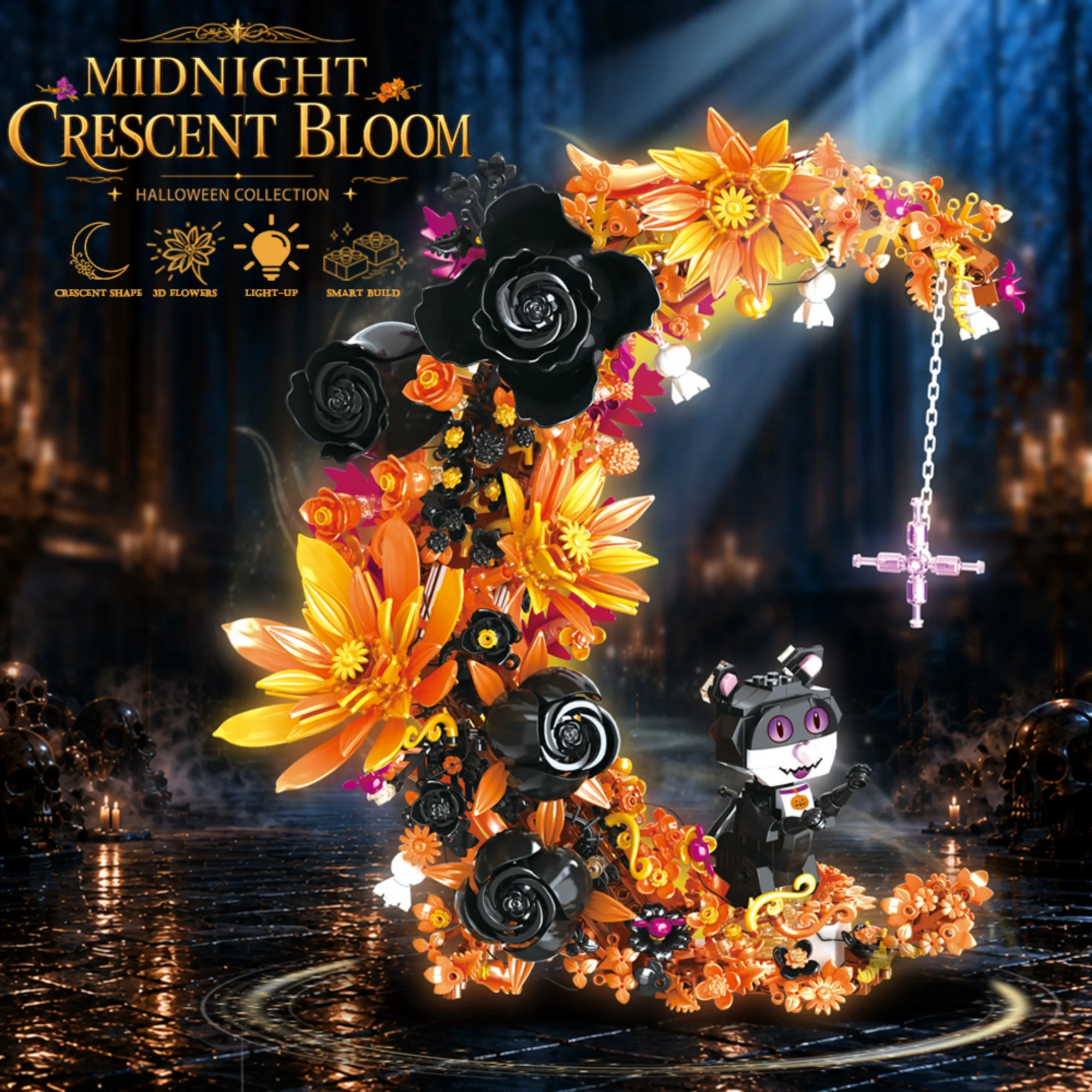 1047pcs midnight crescent bloom Building Blocks Desktop Ornament Moon Flower Cat Model Bricks Toys for Adults Halloween Gifts