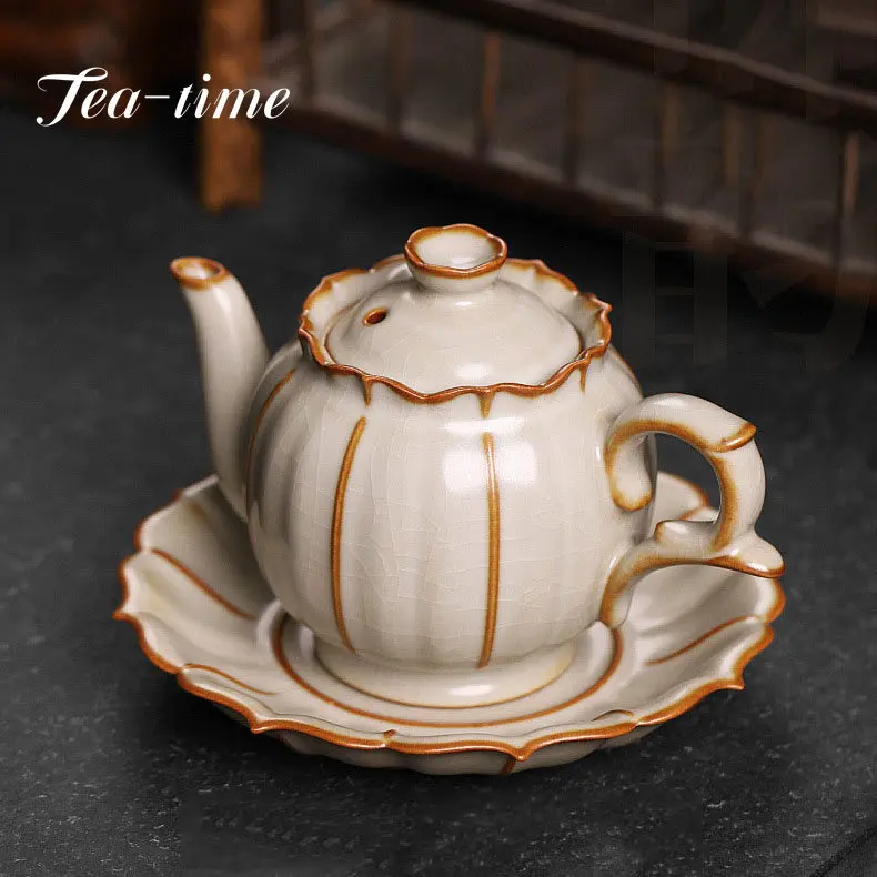 

200ml Retro Taiwan Ru Kiln Teapot Handmade Gold Wire Opening Can Raise Ceramic Pot Petal Kettle with Filter Kung Fu Tea Set Gift