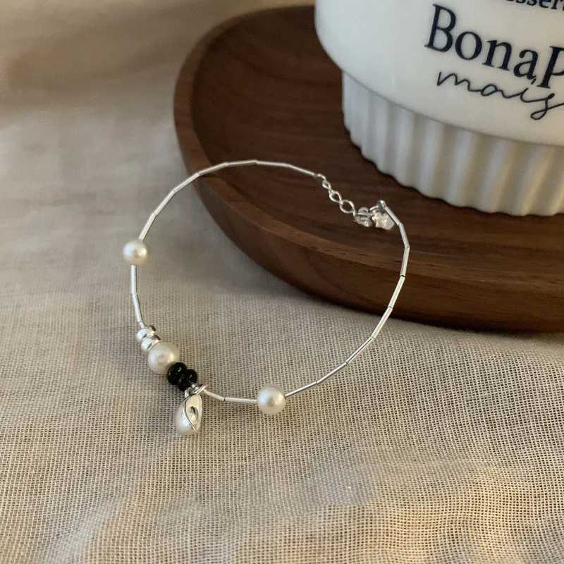 Girlbible  925 Sterling Silver Pearls Beading Bracelets for Women Girl Black Agate Extremely Fine Korean Jewelry Dropshipping