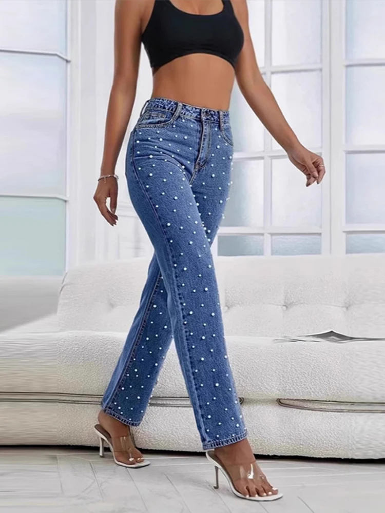 Chic Pearl DENIM กางเกงผู้หญิงสูงเอว Baggy ตรง Baggy กางเกงยีนส์ Lady Elegant แฟชั่น Streetwear Casual Office กางเกงทํางาน