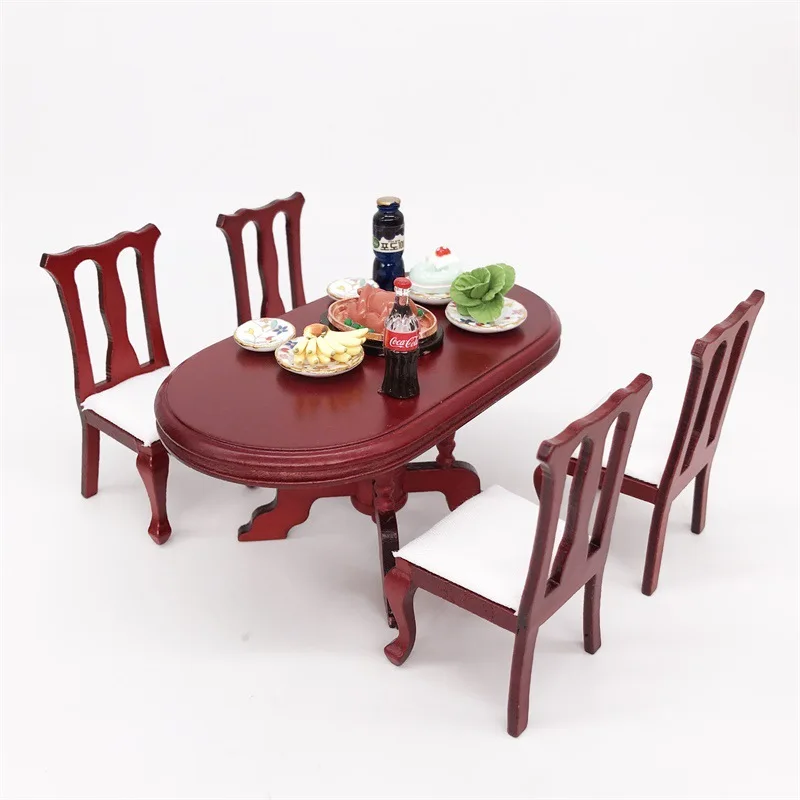 

1:12 Miniature Dollhouse Dining Table Furniture Chair Five-core Elliptical Table High-back Chair Kitchen Decoration Accessories
