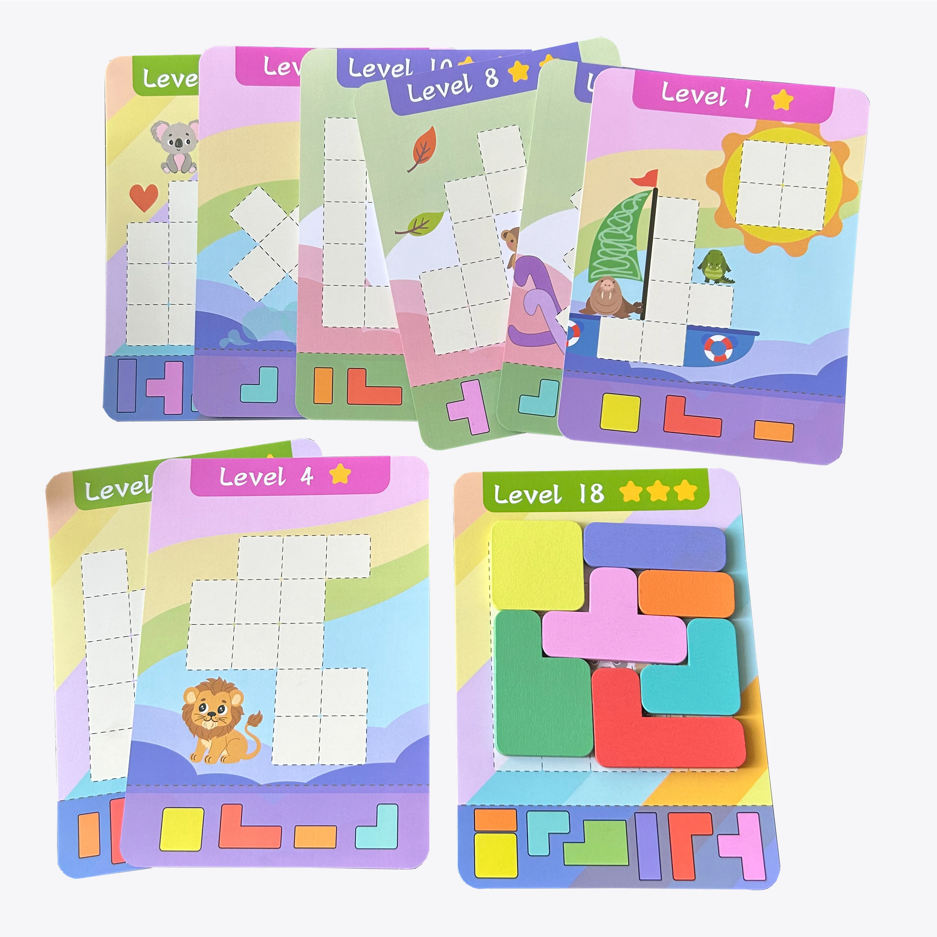 Lernpuzzlespielzeug, 7 farbige Holzbausteine und 9 doppelseitige Herausforderungskarten, Übungs- und Denkfähigkeitsspiel