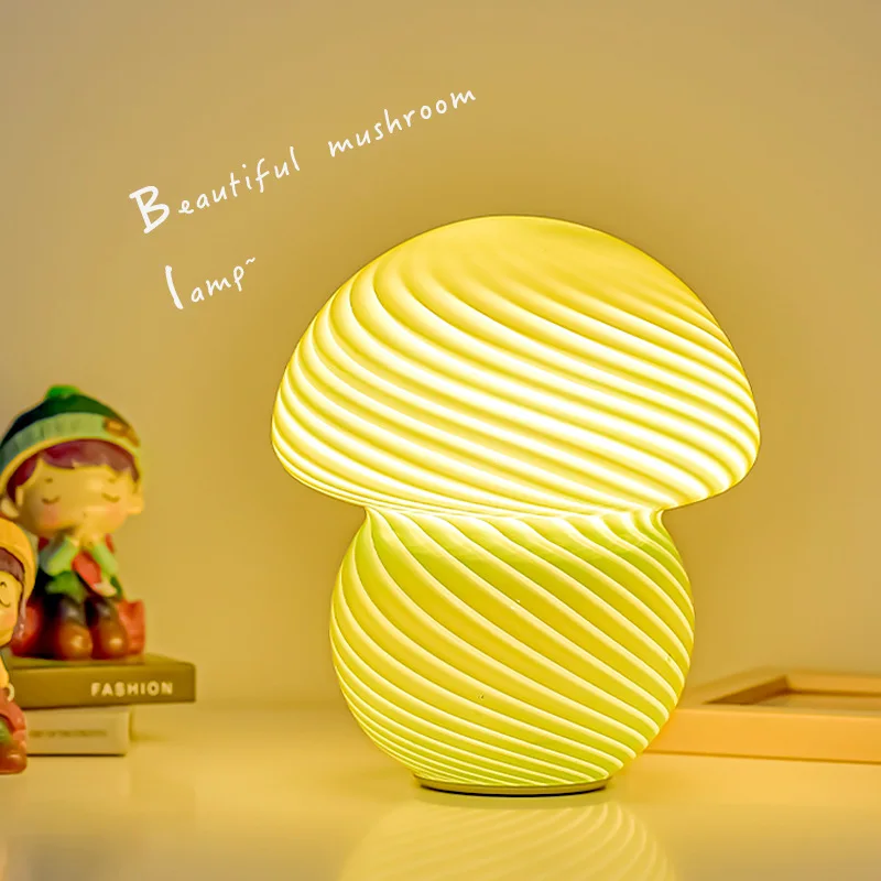 Glass Shade Mushroom Desk Lamp Luxury Remote Night Light Warm Creative Bedside Ambient Lamp for Bedroom