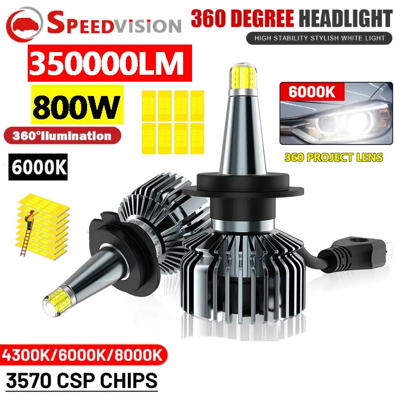 3D 360 H7 Bi LED Headlights Canbus 350000LM 800W H11 H8 H1 HB3 9005 HB4 9006 9012 HIR2 H9 Fog Lamps Auto Turbo Mini Lamp Lens