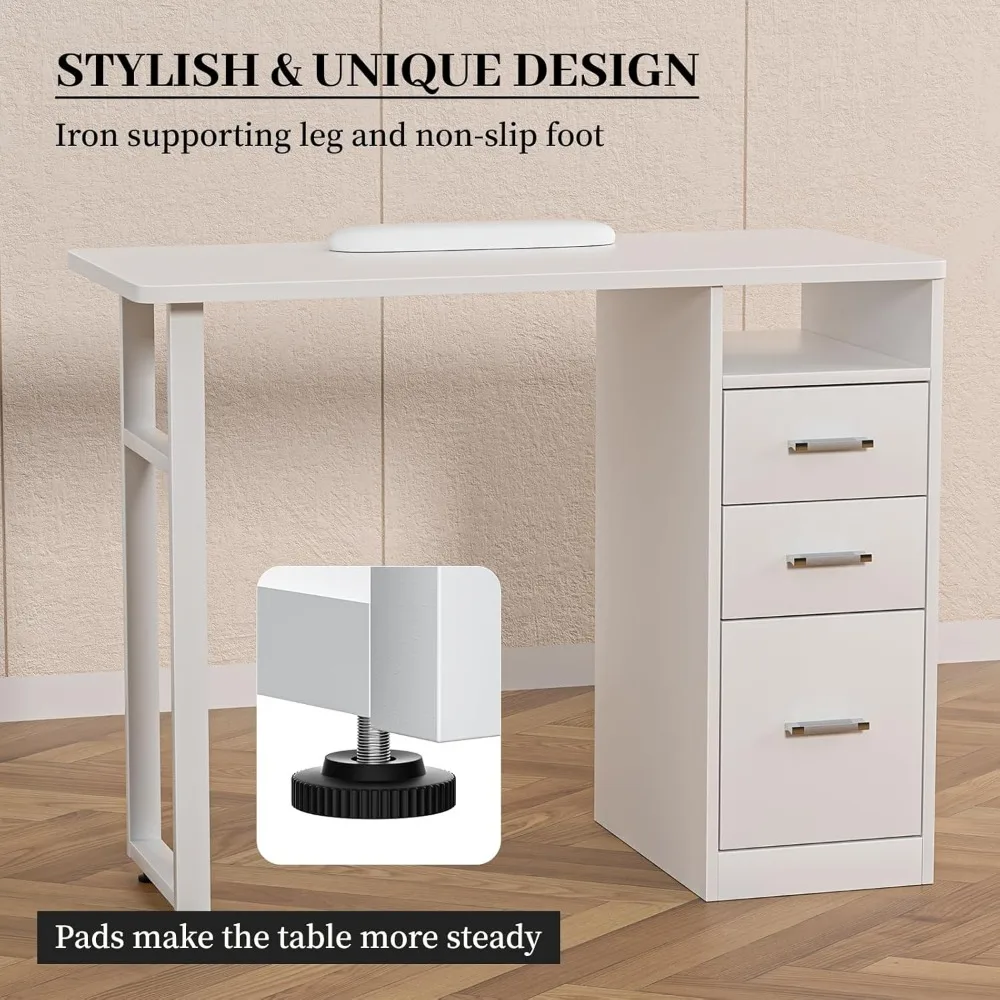 مكتب فني أظافر أبيض متين مع أدراج تخزين - محطة مانيكير مقاومة للأكريليك وقابلة لتعديل الارتفاع لمحترفين التجميل #4