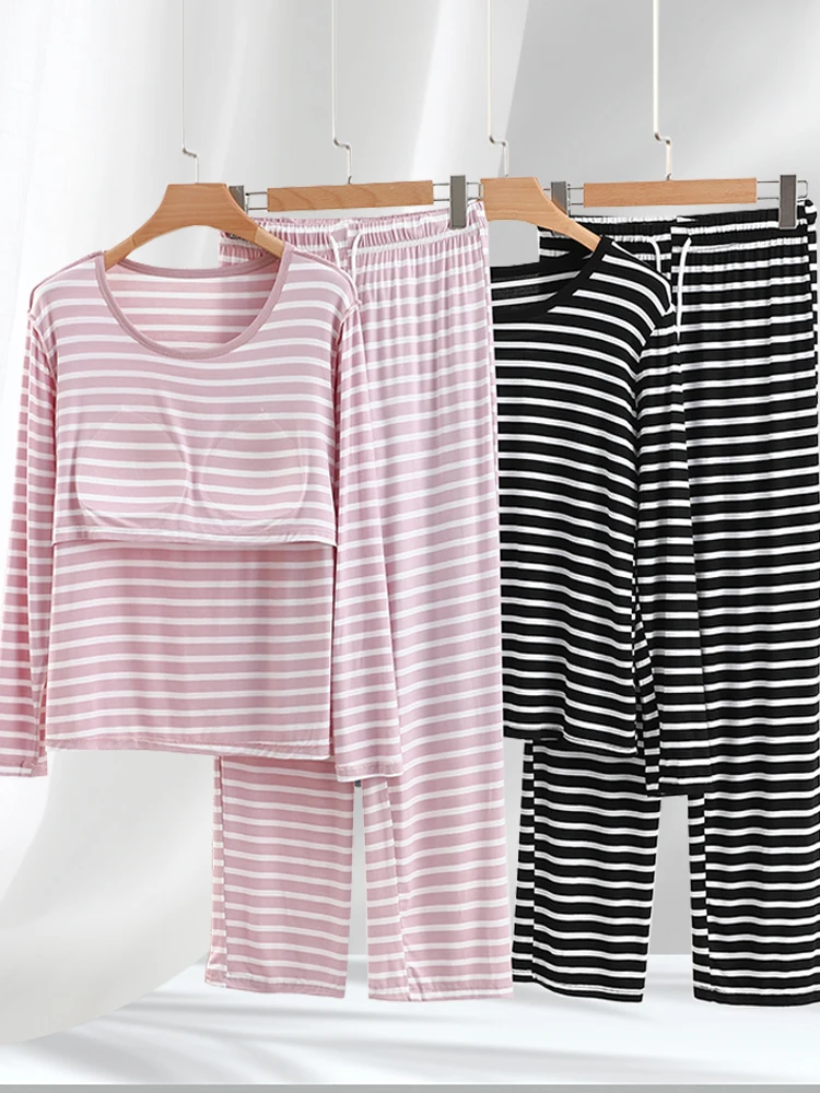 

Modal Cotton Striped Spwear Set Thin Long Sve round Ne Home Clothes Casual Loose Fit Ladies Nightgown Autumn Collection