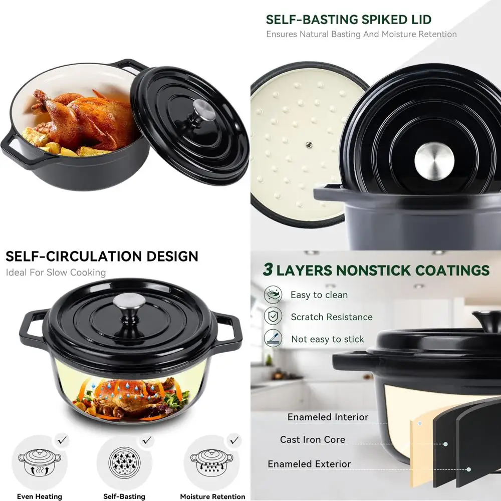 

Non-stick Cast Iron Dutch Oven, 6.5 Quart Enamel Pot with Lid, Perfect for Bread Baking and Cooking