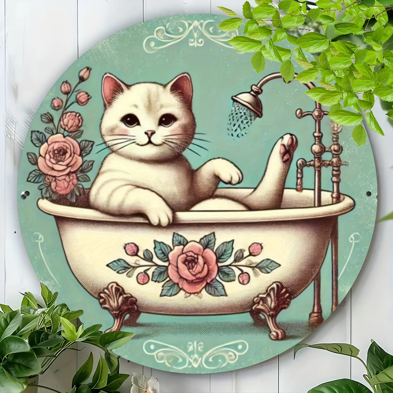 Letrero de metal para baño de gatos vintage, arte de pared de aluminio con encantador gato blanco en la bañera, diseño floral y estilo retro, perfecto para el hogar