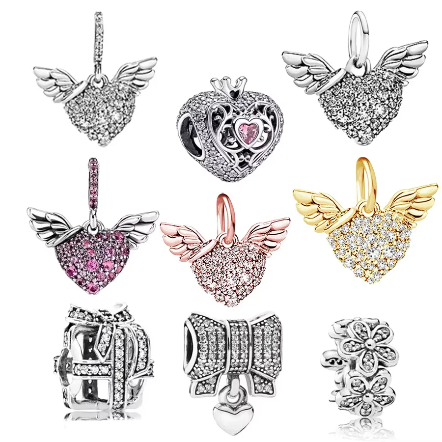 DIY Charm Jewelry Sparkling Golden Pavé Heart Shaped Angel wings Bowknot Beads Fit Original 925 Sterling Silver Bracelet