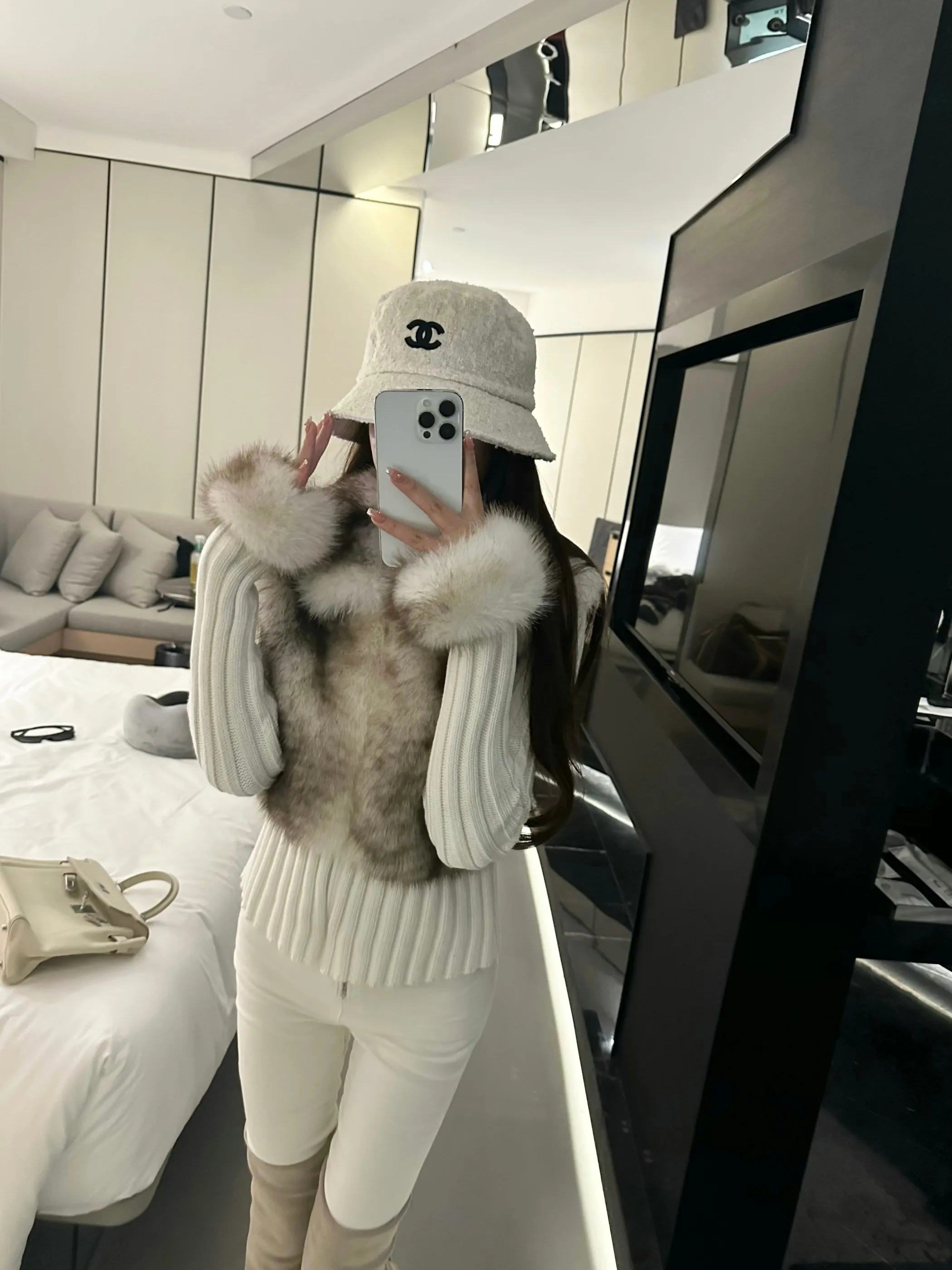 

Non-Slip Faux Fur Collar Knitted Cardigan Coat Mianyue Tan Rabbit Sle Splicing Design Winter Outerwear Women's Faion