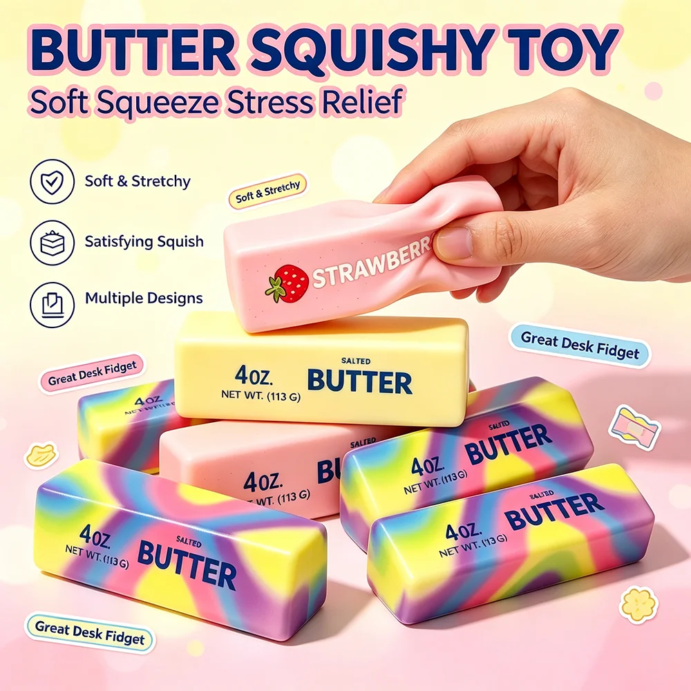 Butter Squishy Toy Slow Rising Soft Squeeze Stress Relief Fidget Toy Cute Butter Block Sensory Toy Anxiety Relief for ASMR Adult