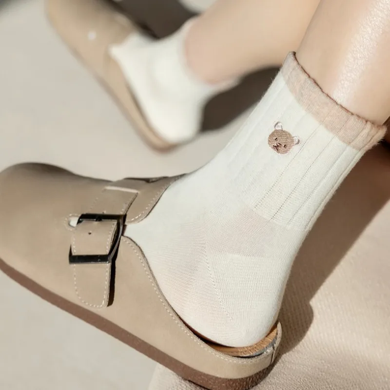 

1 Pair Woman Cotton Socks 100% Spring Autumn Women's Short Low Cut Socks Embroidered Cartoon White Warm Socks High Quality 2025