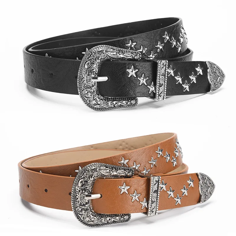

South Korean Version of The Niche Design Retro Female Belt New Jeans Decorated with Brown Stars Senior Sense of Pu Belt