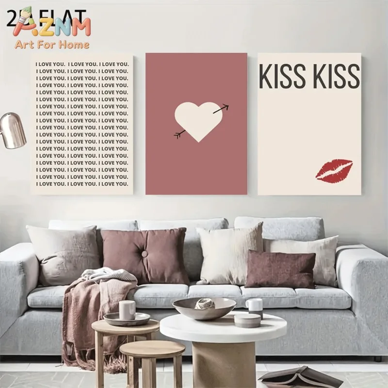 Unframed 3PCS I Love You Kiss Kiss Lips Heart Arrow Canvas Wall Art Neutral Retro Text Print Poster Home Bedroom Decor Canvas