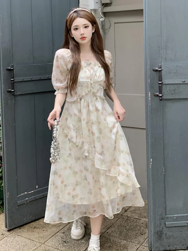 

Летнее платье миди больших размеров с цветочным принтом, поясом, высокой талией, юбкой А-силуэта, коротким рукавом, повседневное, свободного кроя, в корейском стиле