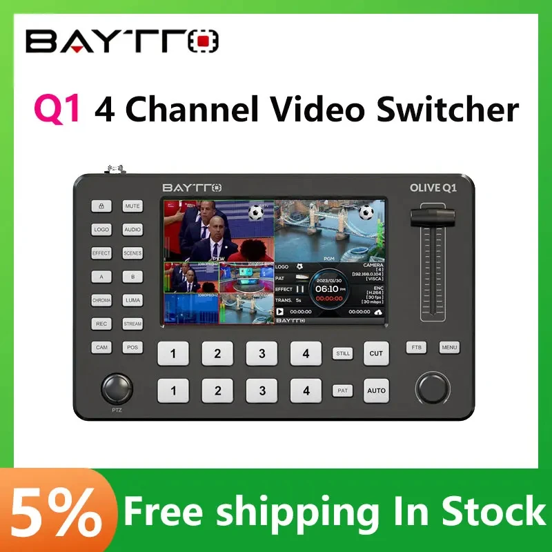 BAYTTO Q1 4 Channel HDMI Video Switcher 5 Inch Full HD Screen Live Guide Switcher Push Streaming/Recording Live Streaming