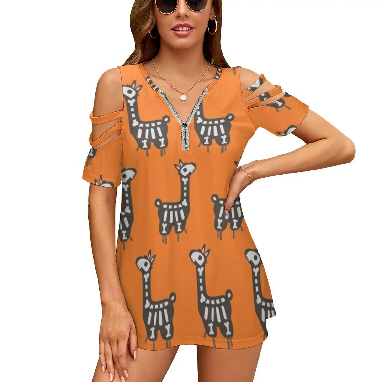 Halloween Llama Women's T-Shirt New Fashion Printed Zipper V-Neck Short Sleeve T Shirts Casual Plus Size Halloween Llama Alpaca