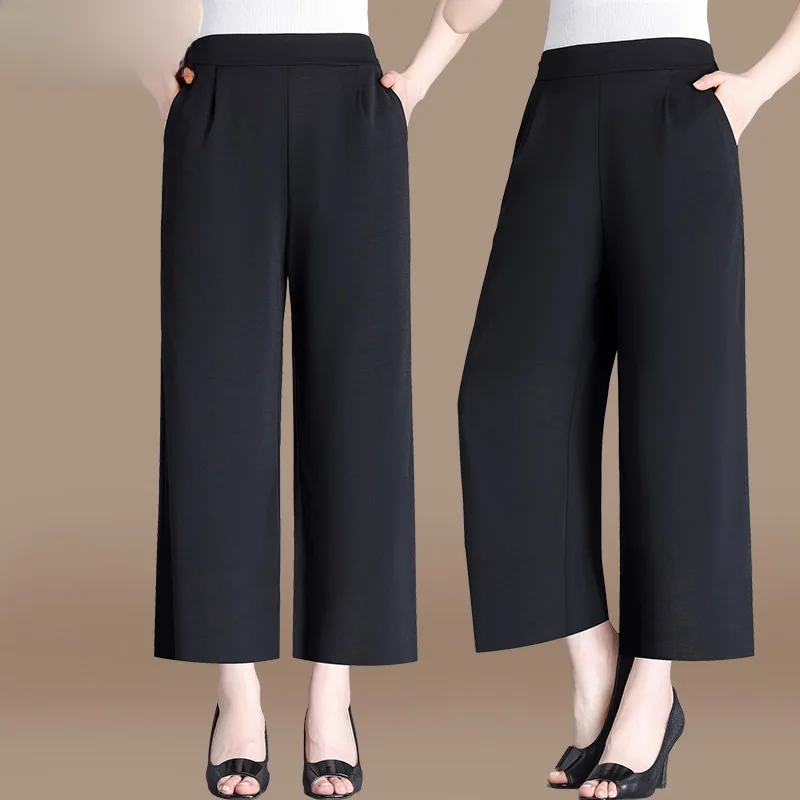

Весенне-осенние широкие брюки для мам, модные, свободного кроя, из смесового полиэстера, укороченные, в корейском стиле, черные, для женщин среднего возраста