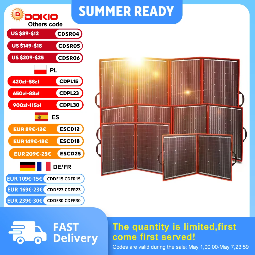 

Dokio Flexible Foldable 18V Solar Panel High Efficience Travel & Phone & Boat Portable 12V 80-295w Solar Panel Kit