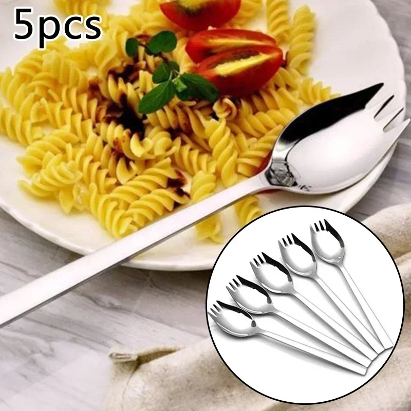 5pcs Stainless Steel Spork Soup Salad Noodle Spoon Fork Cutlery Tableware Anti-fall Corrosion Resistant Kitchen Accessories