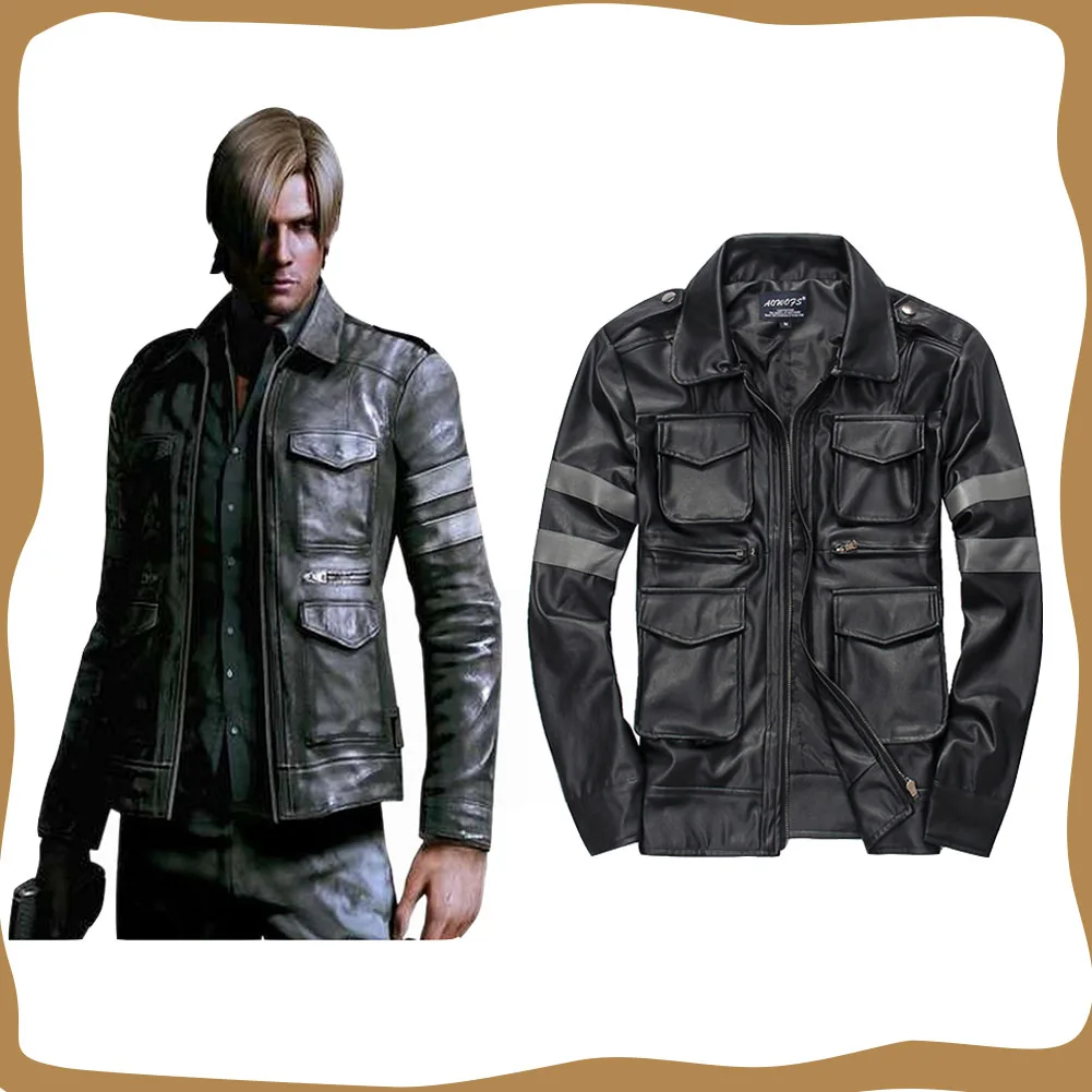 

Resident 4 Leon Cosplay Costume Men Black Pu Coat Jacktet Outfits for Boys Adult Street Casual Outwear Halloween Carnival Suit