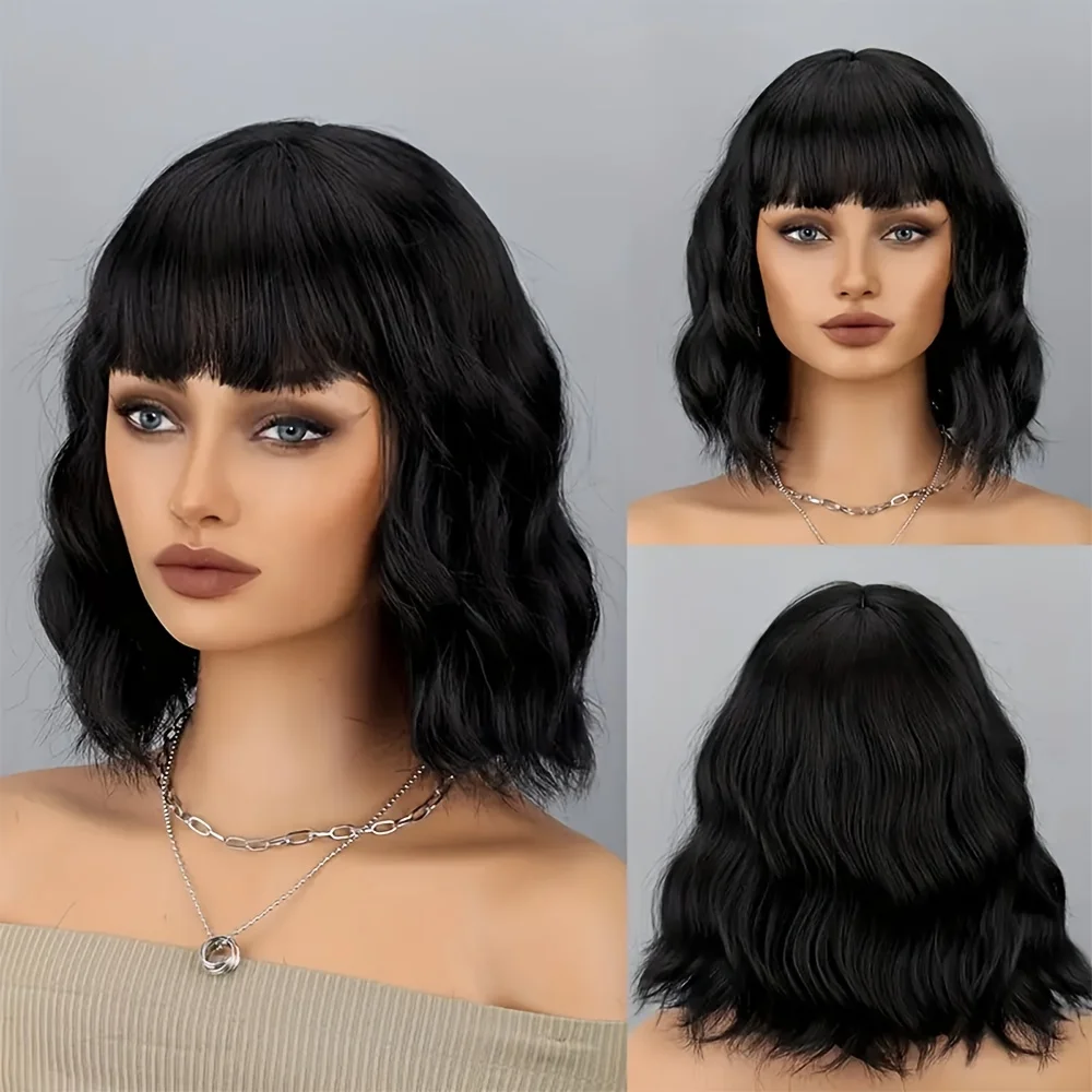 

12inch Short Curly Wavy Bob Synthetic Wigs with Bangs for Cosplay Lolita Fake Hair for White Women Party wigs Hair accessories