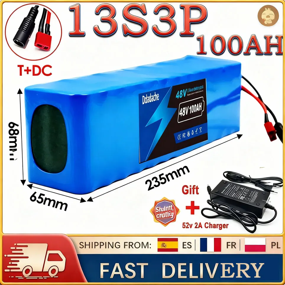 Batterie au lithium-ion 48V 100Ah 2000W 13S3P XT60-DC 48V 100000mAh, adaptée aux scooters électriques 54,6V avec BMS + chargeur