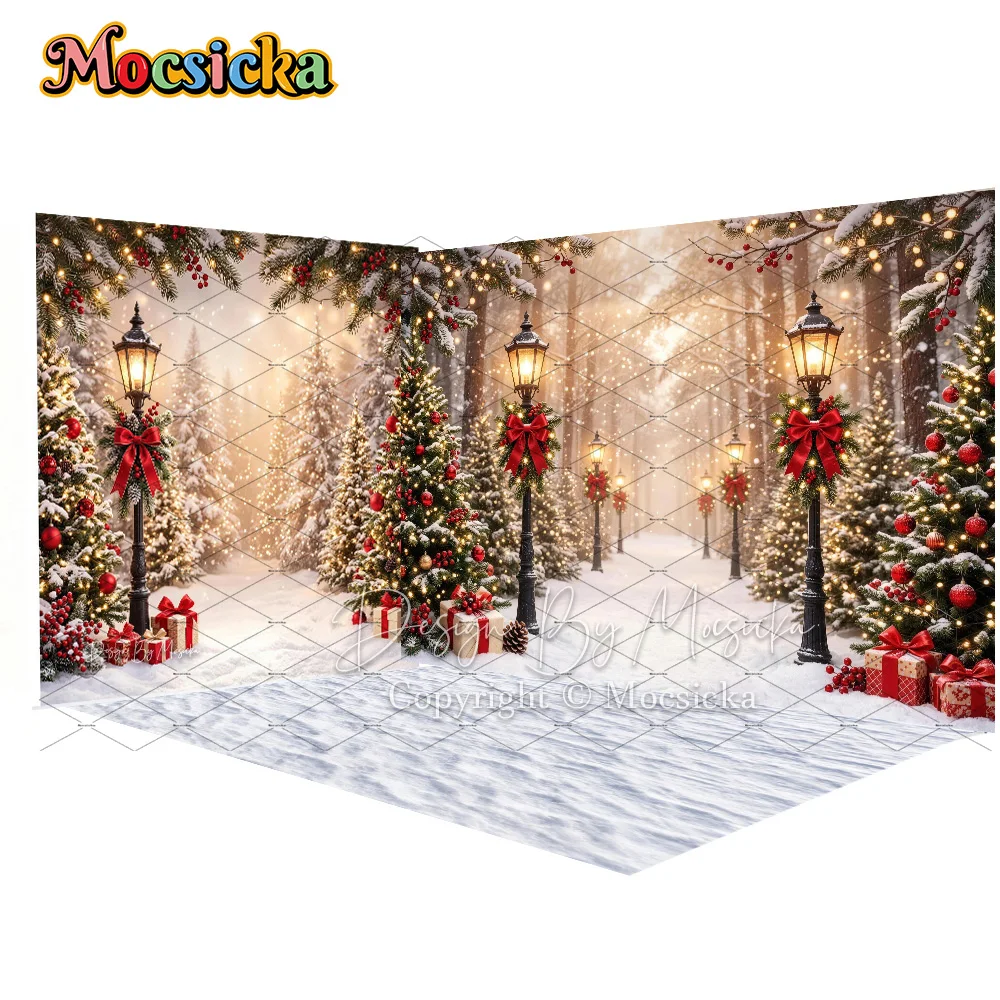 Mocsicka Weihnachtlicher Wald-Straßenecken-Hintergrund für Fotografie, verschneite Lampe, rote Schleife, Kiefer, Geschenk, Hintergrund für Weihnachtsfamilienfoto