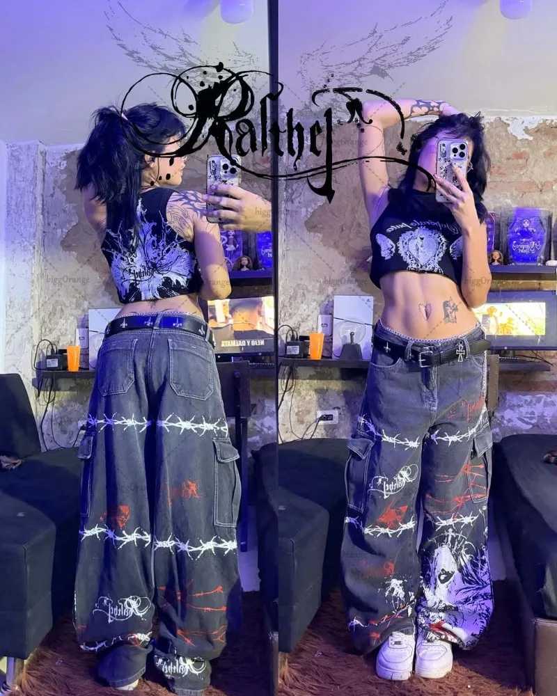 

Gothic Harajuku Thorn Print Y2K Jeans Women Punk Retro Multi-Pocket Baggy Black Wide Leg Pants Hip Hop Casual Trendy Streetwear