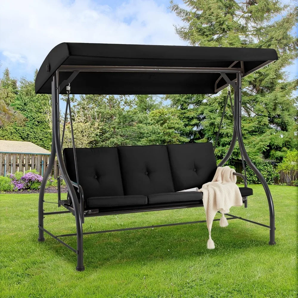

3-Seat Outdoor Porch Swing with Adjustable Backrest and Canopy, Patio Swing w/Removable Cushions Outdoor Swing Bed for Porch, B