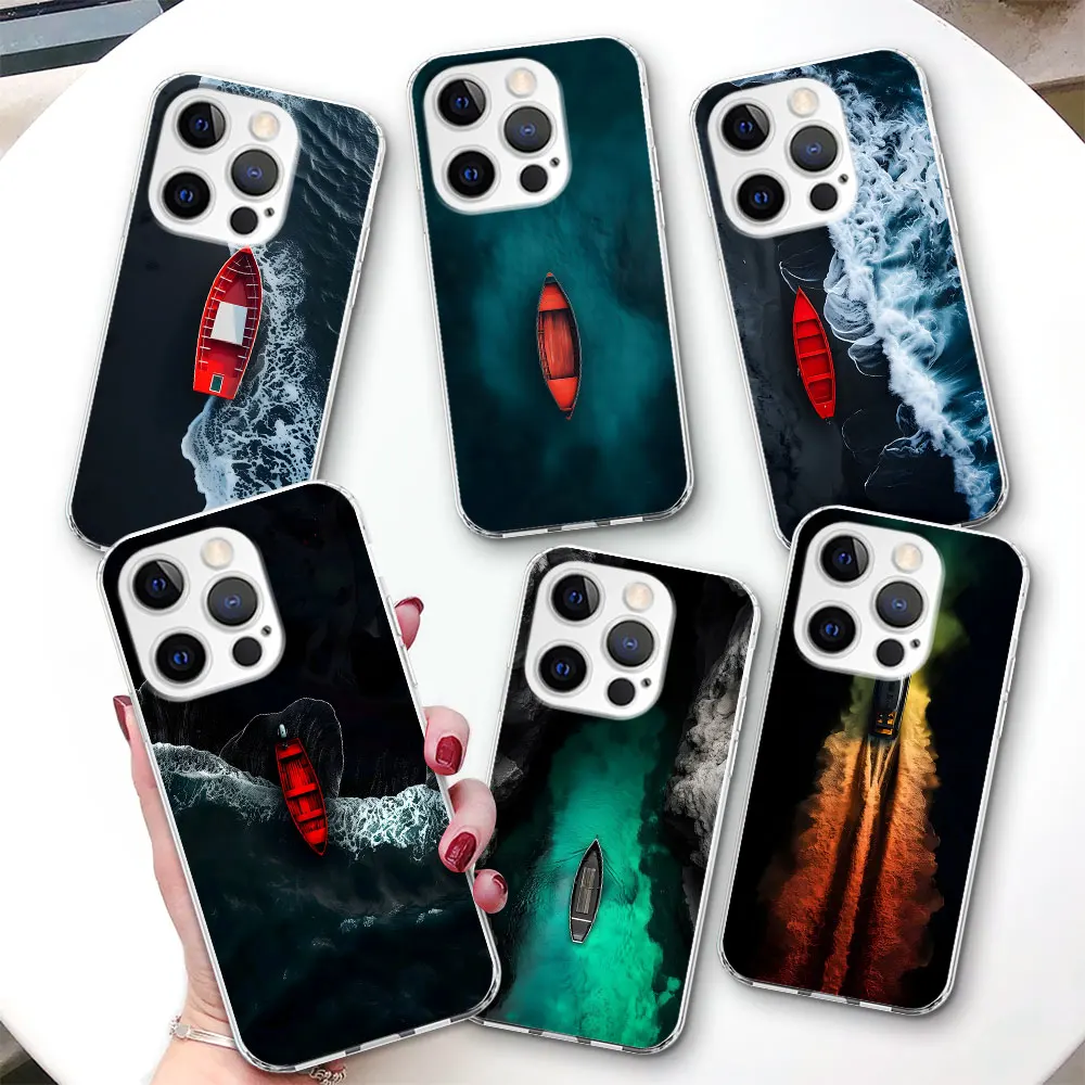 Прозрачный чехол для iPhone 17 Air 14 12 15 Pro 7 8 Plus 13 Mini XR X 6 XS Max 6S, TPU-накладка с дизайном «Глубоководный корабль» и «Белые паруса»