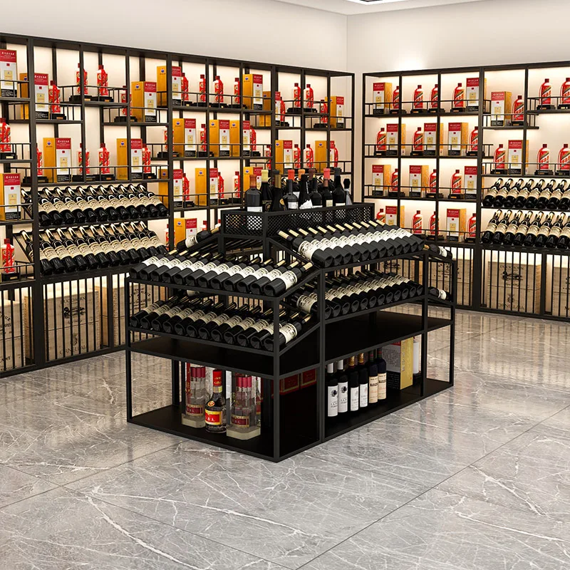 The whole store red wine Baijiu display cabinet  shop against the wall floor wine foreign  display rack bar background