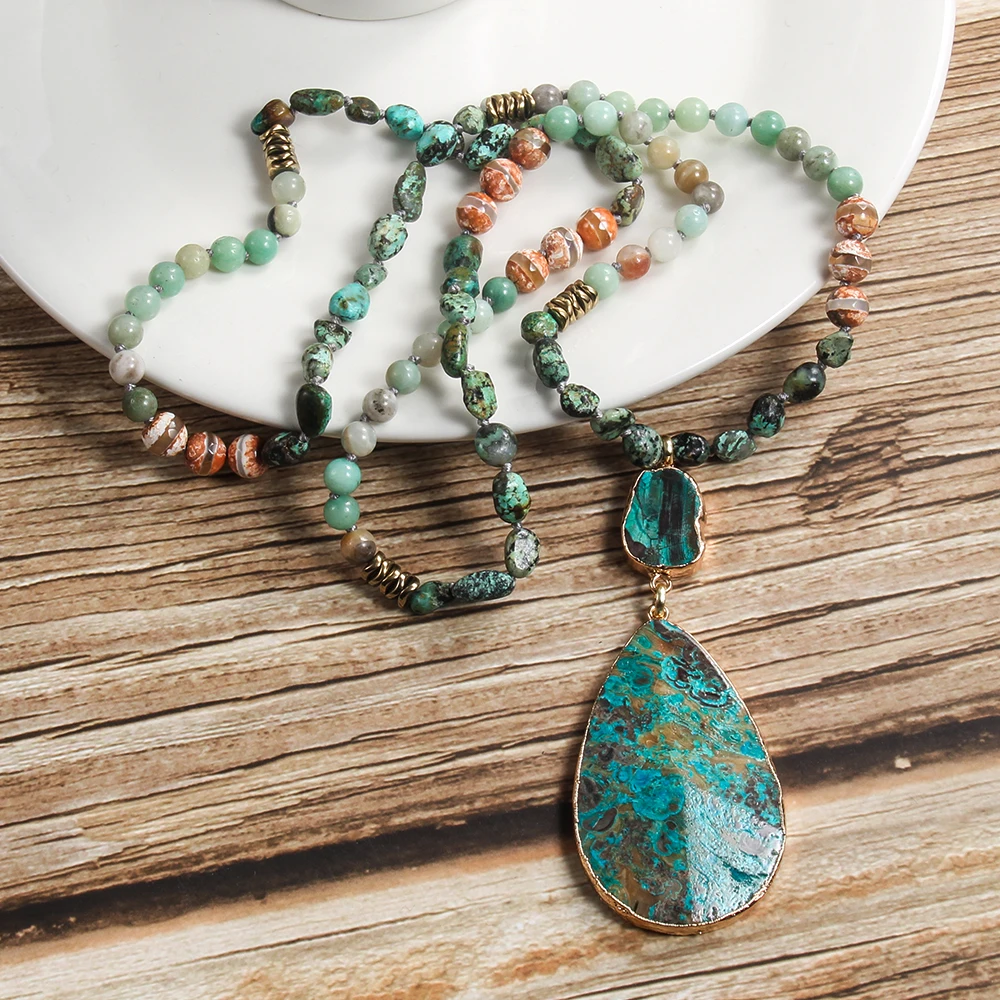 new Bohemian ethnic style natural stone gravel knot necklace African Turquoise square drop pendant necklace