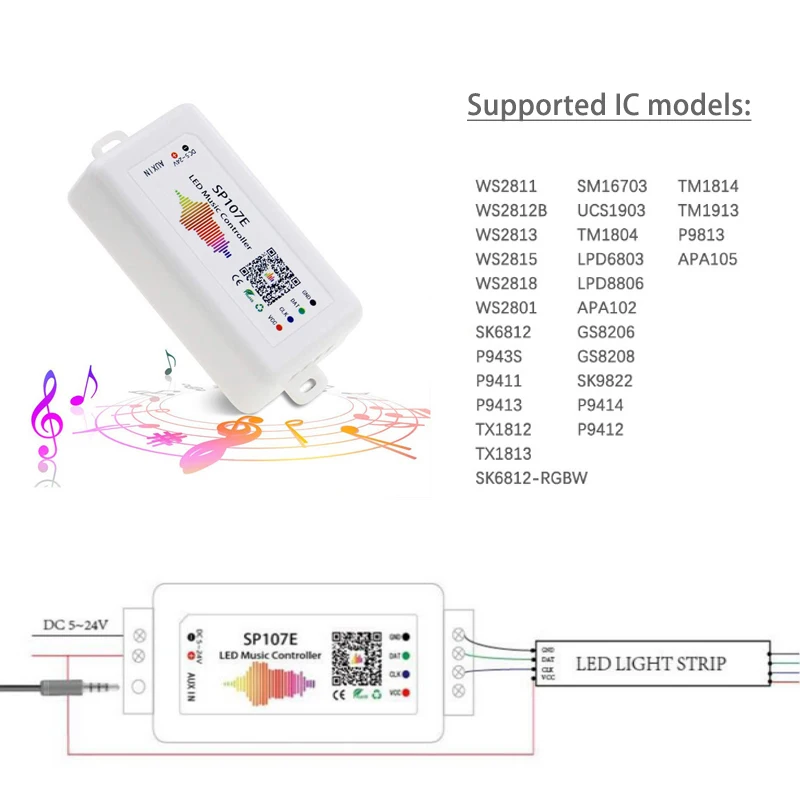 SP107E Bluetooth-compatible LED Music Controller Full Color Pixel IC Controllers by Smart Phone APP for WS2812B WS2811 LED Strip