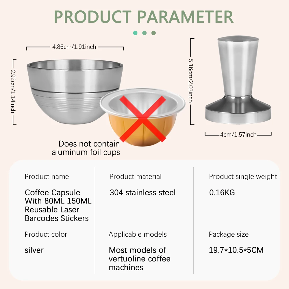 Coffee Capsule Cup With 80ML 150ML Reusable Laser Barcodes Stickers Compatible With Vertuoline Makers
