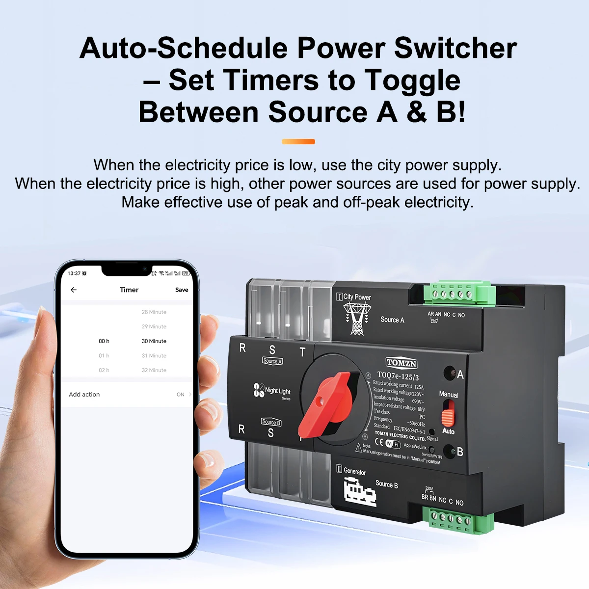TOMZN Din Rail EWelink WIFI Smart ATS Timer 230V AC Dual Power Automatic Transfer Selector Switch Uninterrupted 3P 63A 100A 125A