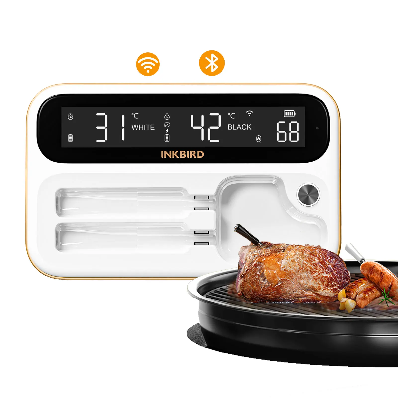 

INKBIRD Беспроводные двойные зонды Термометр для мяса Полный угол обзора с подсветкой ЖК-экран Термометр для барбекю с водонепроницаемыми зондами IP67