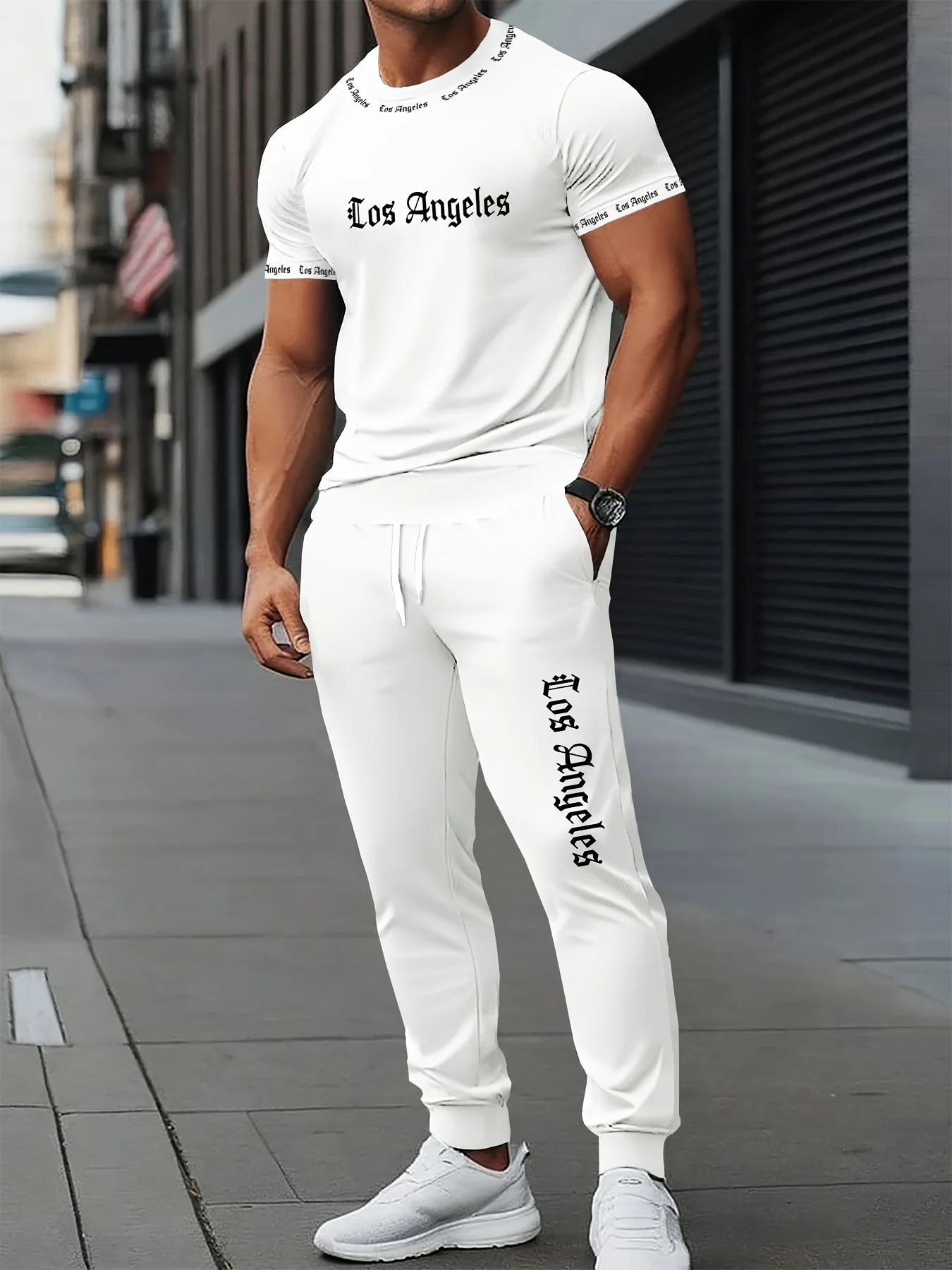 Conjunto de camiseta y pantalones con cuello redondo transpirable de poliéster con estampado de letras góticas para hombre, ropa de moda urbana para exteriores, verano