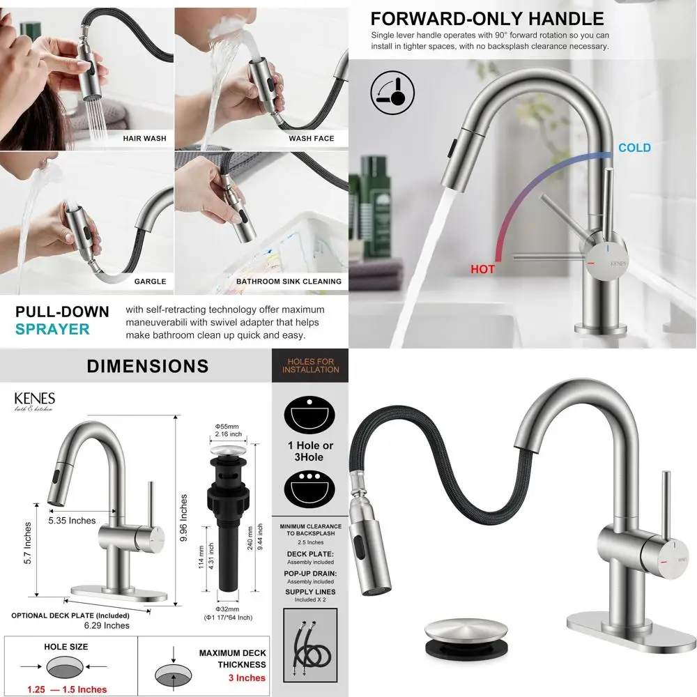 

Single Handle Pull-Down Spray Bathroom Faucet with Pop-Up Drain and Deck Plate
