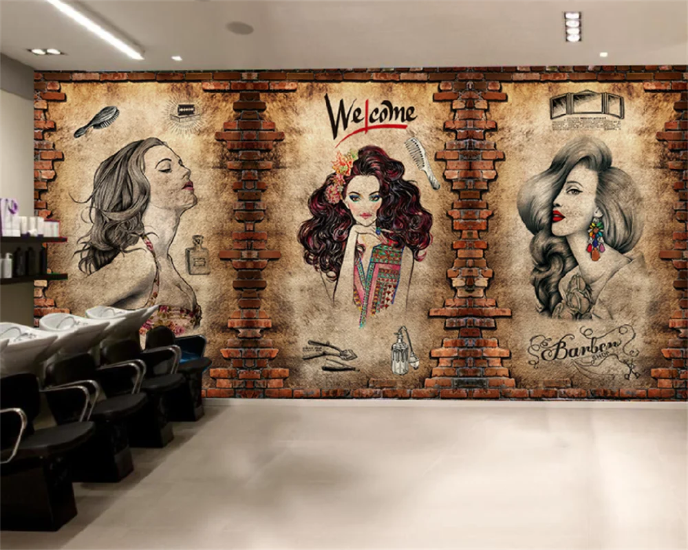 

wellyu Custom wallpaper nostalgic retro makeup beauty salon hair salon background wall barber shop decorative painting mural