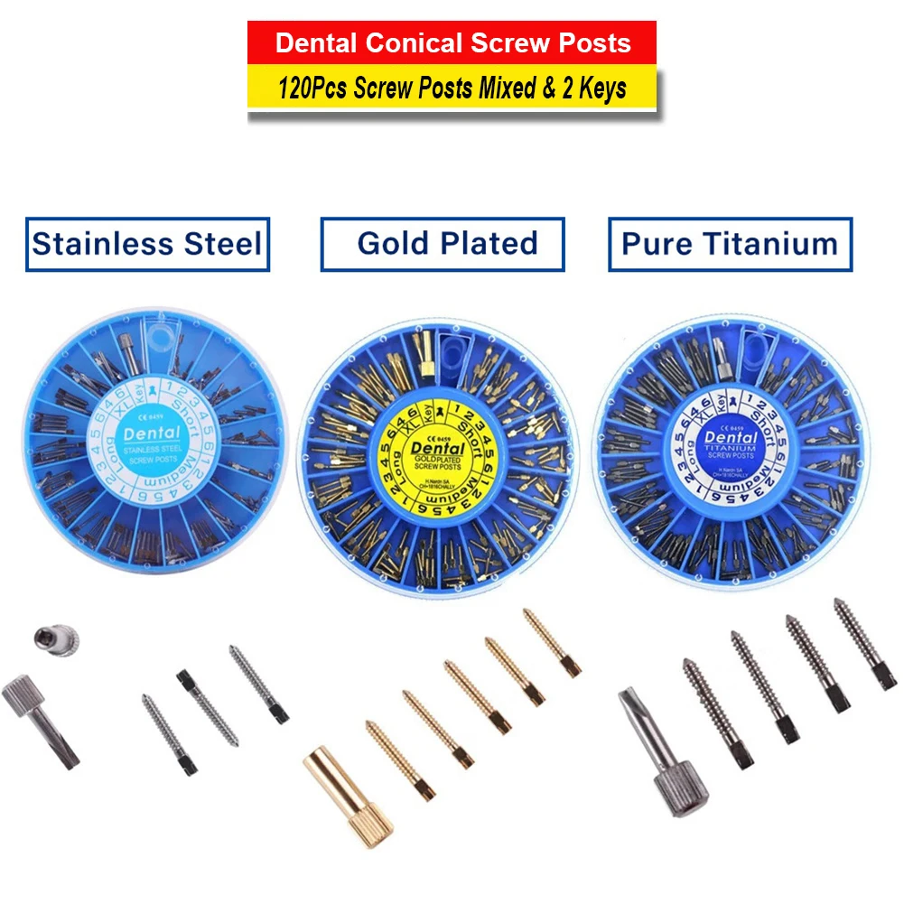 120Pcs Dental Conical Screw Post Core Stainless Steel Titanium Euro Post Endo Implant Kit Dentist Teeth Restorative Quartz Glass