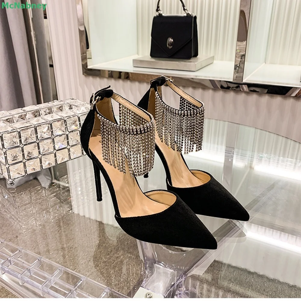 

Tassel Crystal Suede Black Pumps Abkle Buckle Strap Pointed Toe Thin High Heel Shallow Cover Back Elegant Fashion Women Shoes