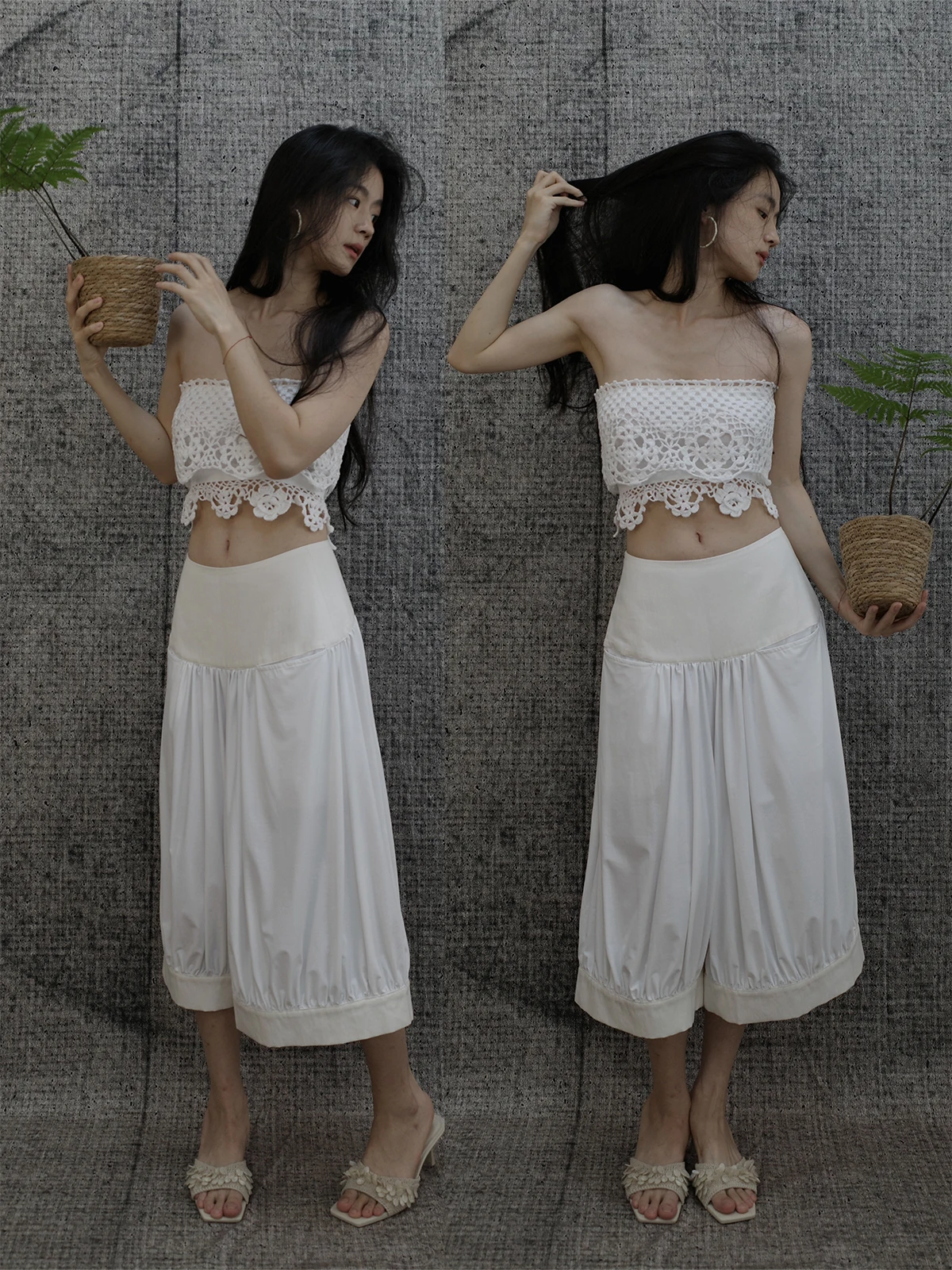 

Вязаный кроп-топ ручной работы с вырезами и эластичными бретелями, однотонный, универсальный, китайский бренд U Er Wang Yu